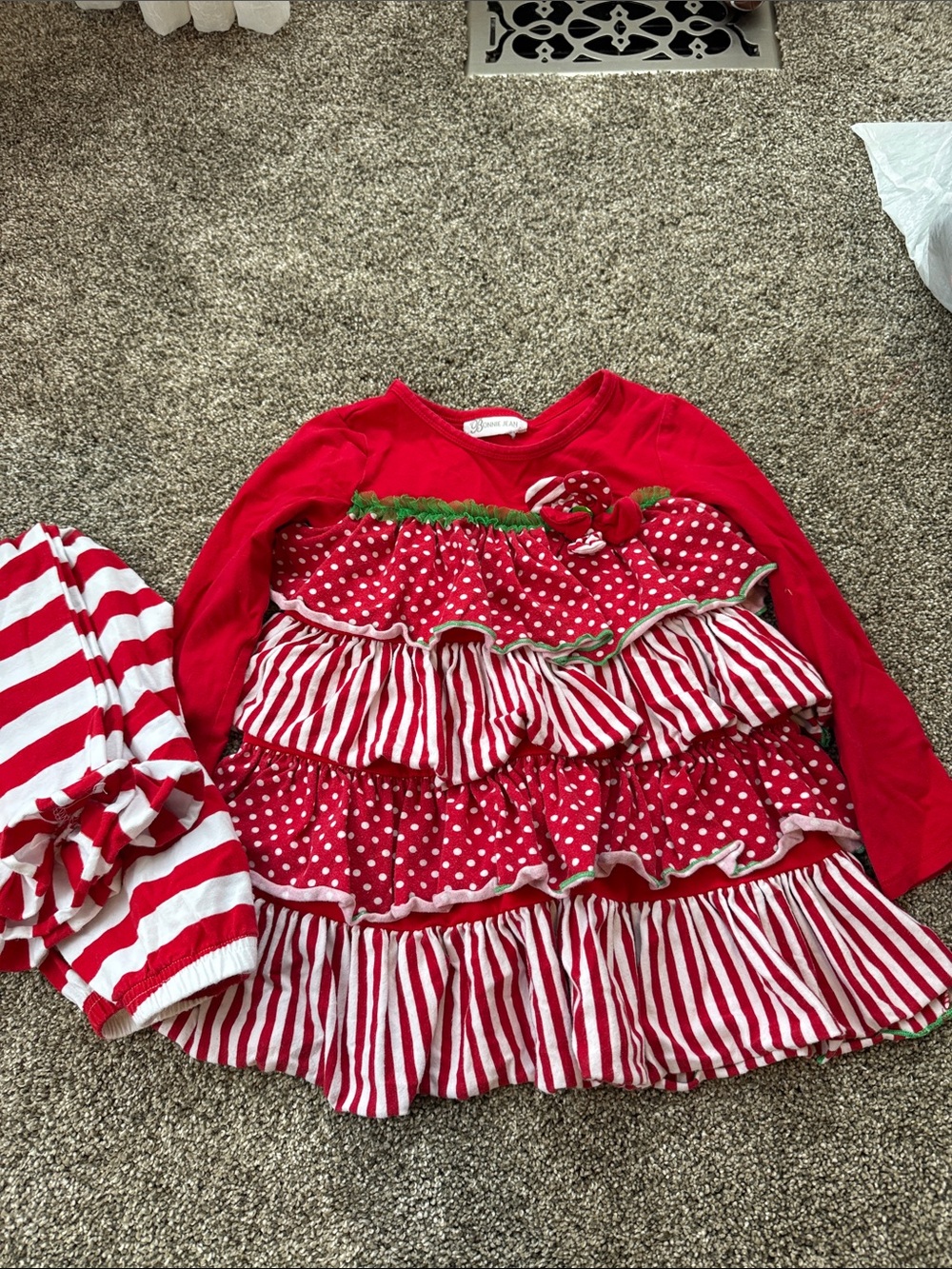 Bonnie Jean Red and White Ruffled Holiday Dress with Striped Leggings